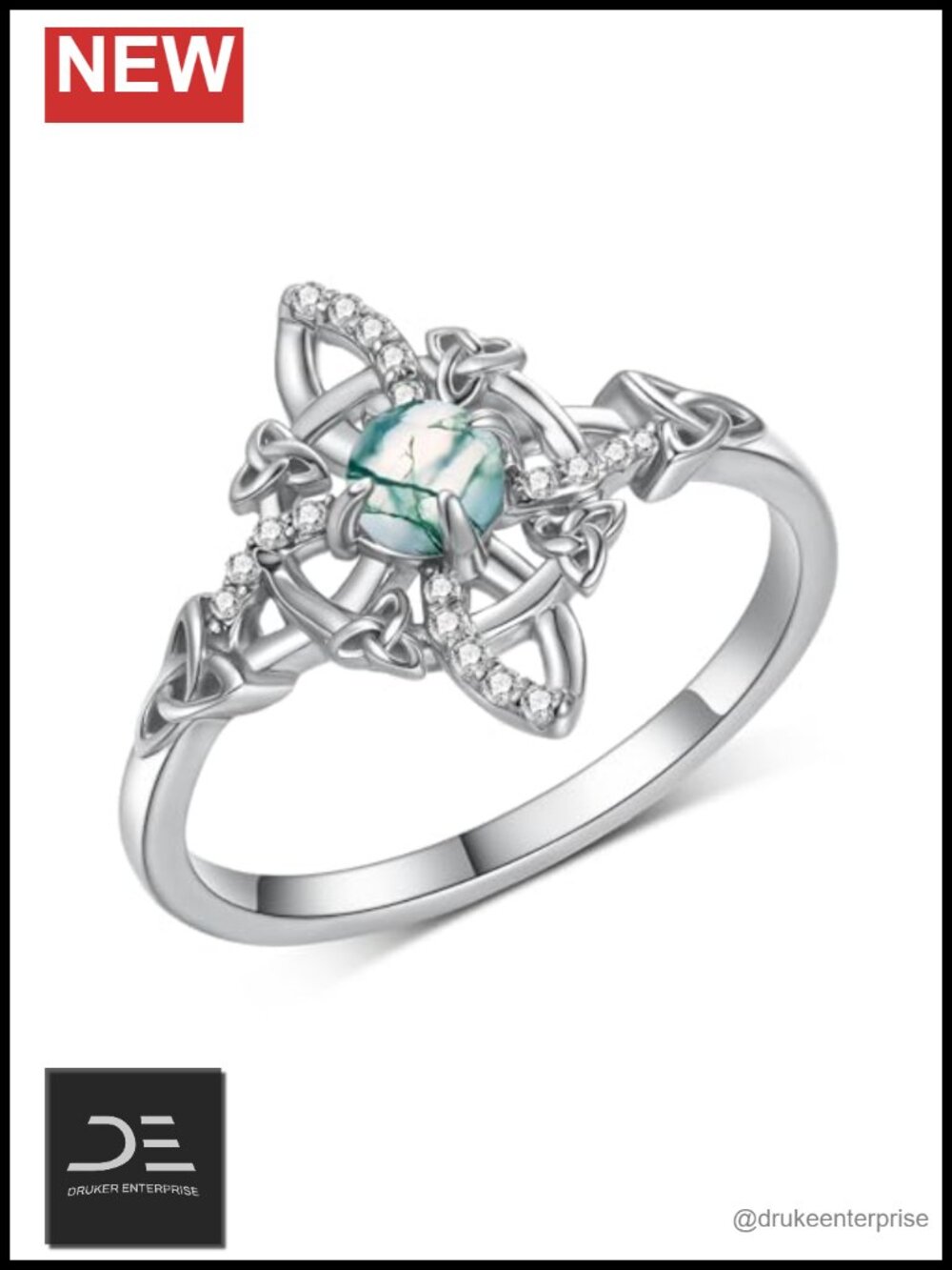 925 Sterling Silver Moss Agate Witch Knot Ring Celtic Ring